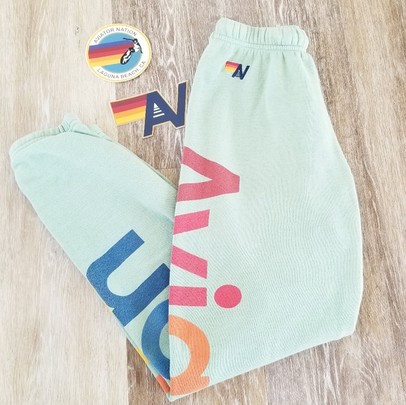 Aviator Nation 2 Sweatpants Jogger NWT Sage Rainbow Graphic Logo Drawstring XS - Picture 11 of 12